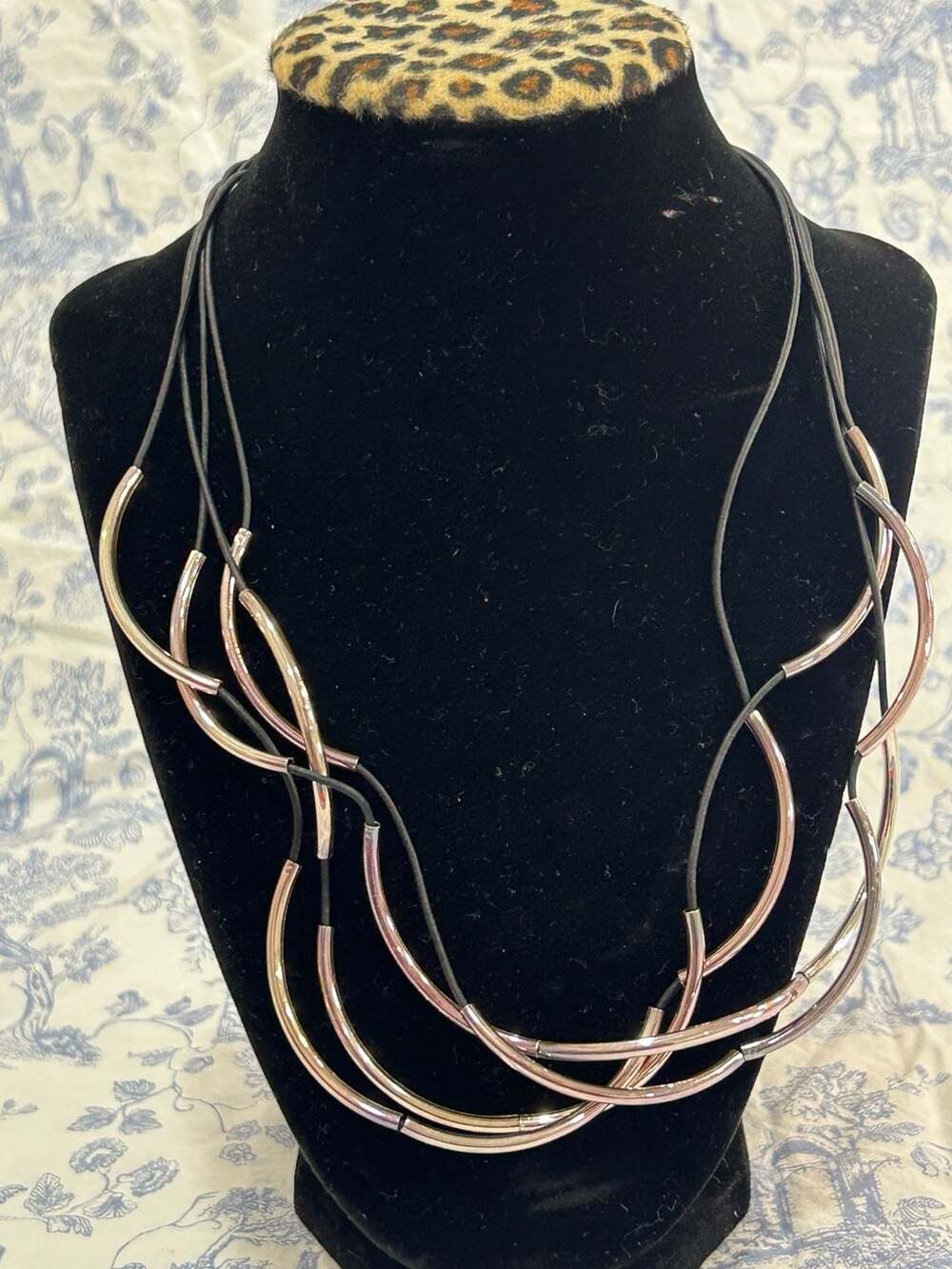 Lizzy James Black Leather and Silver Tone Curved Tube Bead Statement Necklace